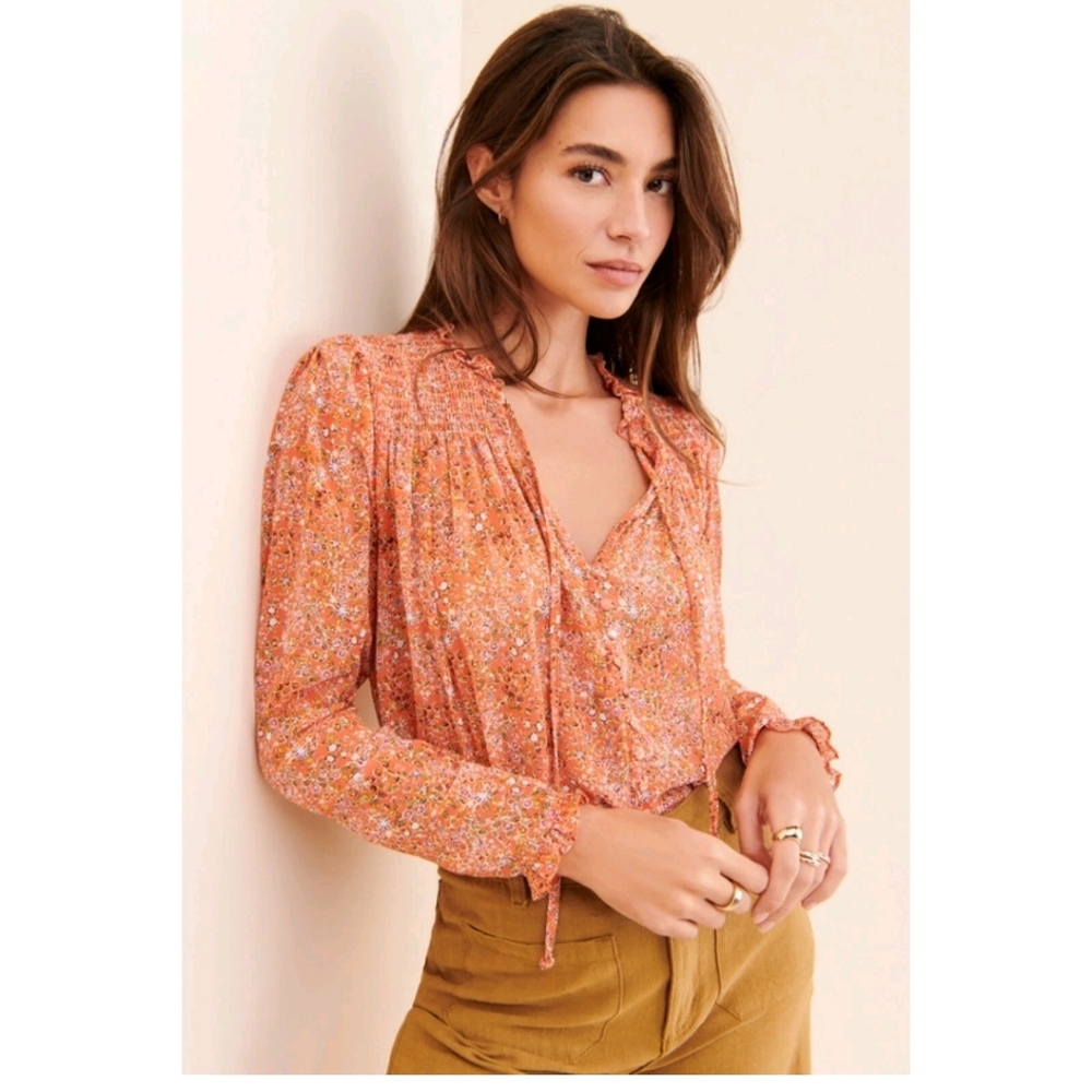 Free People Orange Chiffon Smoked Blouse Floral Medium